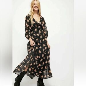 Free People Sea Glass Black Floral Maxi Dress NWOT